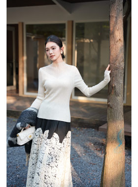 Queen Date 25AW秋冬黑色烫钻小透视长袖黑色蕾丝拼接半身裙