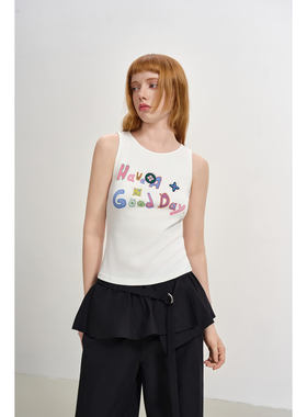 SOFITTE 25AW秋季新款 白色绣标趣味印花背心假两件拼接阔腿裙裤