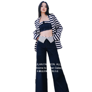 设计师deepmoss木兰2S年新款 船帆拼接牛仔短裙 条纹翻边牛仔吊带