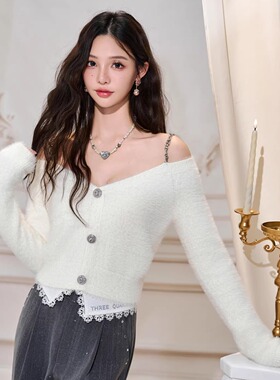 Three Quarters 25AW白色仿貂毛一 字肩套头毛衫灰羊毛蕾丝阔腿裤