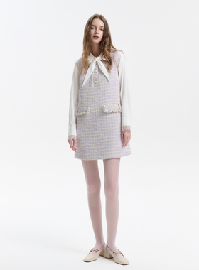 Three Quarters 25SS紫色小香风时尚圆领无袖珍珠纽扣无袖连衣裙