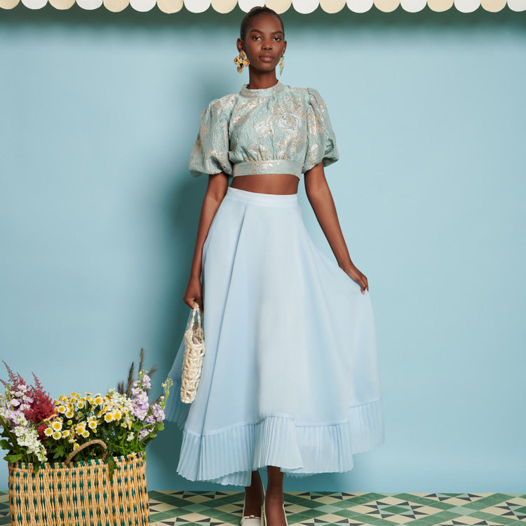 sister jane 2024早春新款泡芙袖印花上衣蓝色百褶长款半裙木兰