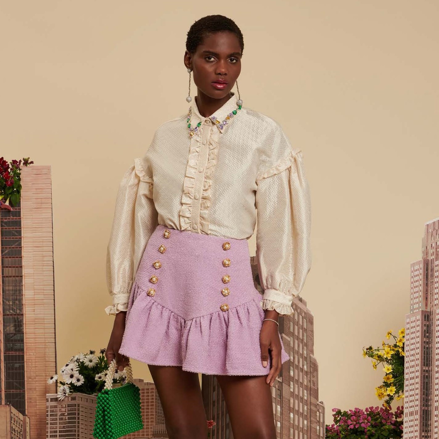 【国现xss】sister jane彩色宝石装饰木耳褶边衬衫上衣粗花呢半裙