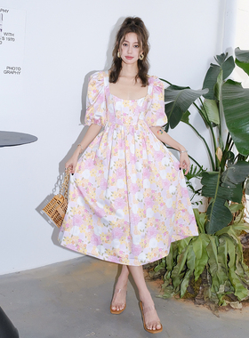 For Love and Lemons2R新款甜美碎花泡泡袖绑带露背连衣裙木兰