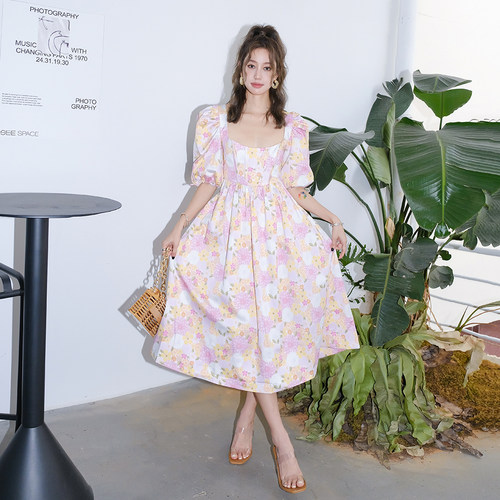 For Love and Lemons2R新款甜美碎花泡泡袖绑带露背连衣裙木兰
