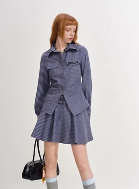 SOFITTE 25AW秋季新款 蓝色收腰格纹衬衫双腰头蓝色格纹蓬蓬短裙