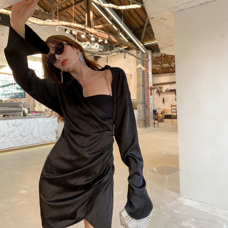 cottia洋气露肩印花连衣裙两件套