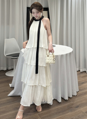 Three Quarters 2024新款黄色流光纱撞色蝴蝶结连衣裙木兰合集