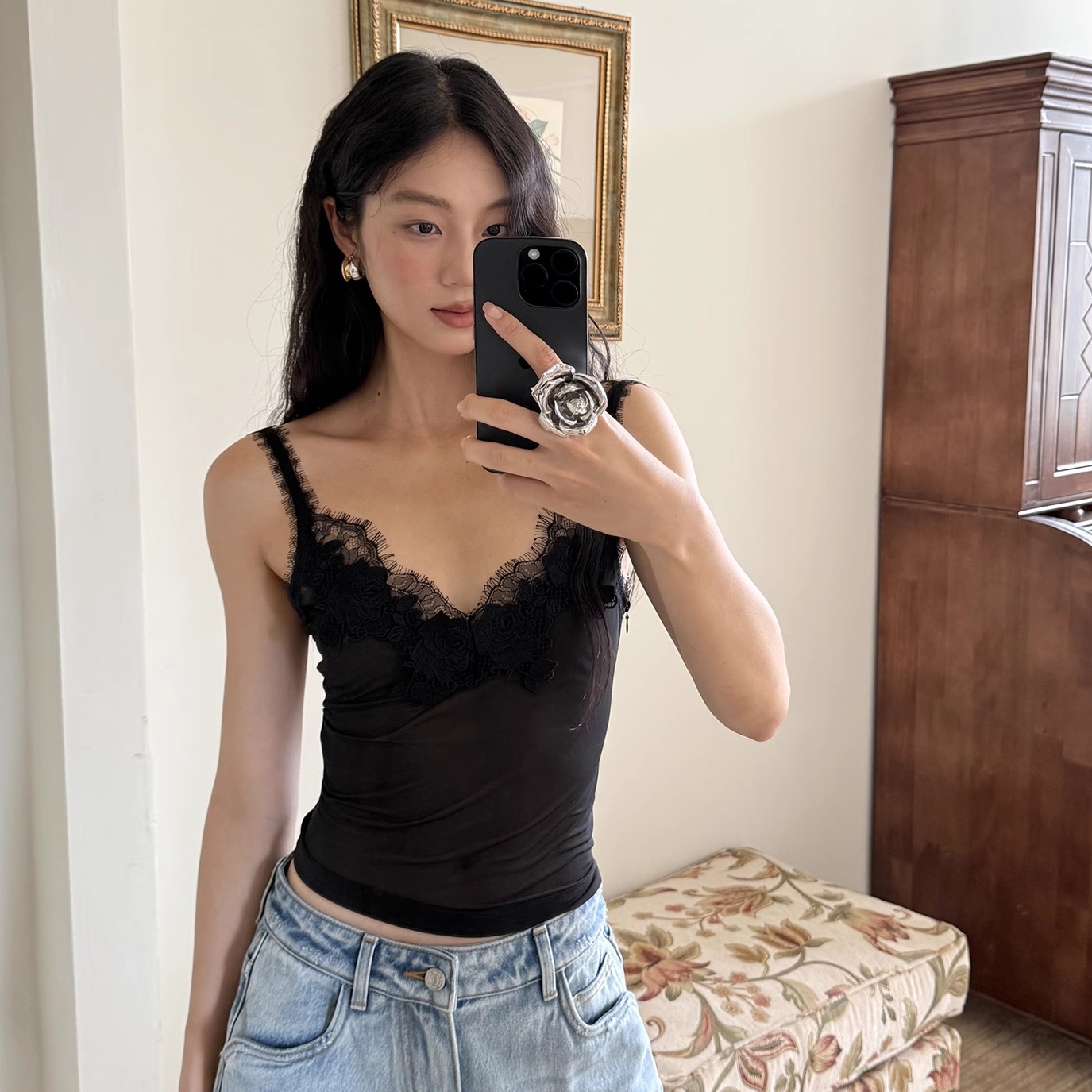 【折】CNLEEWEI 25AW 定位绣花蕾丝弹力吊带上衣 低腰阔腿牛仔裤