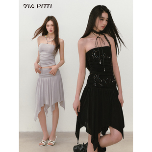 【清货折】VIAPITTI重工星星钉珠褶皱裹胸半裙醋酸套装女夏两件套