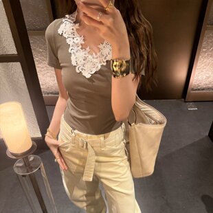 短袖 ODTD26春夏花边拼接V领修身 上衣休闲百搭 设计师女装 现货