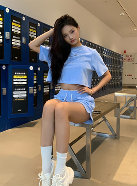 Andrea Martin2024夏季蓝色水钻logo短T恤双腰抽绳短裤木兰合集