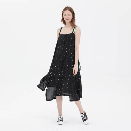 【国现S】SJYP潮牌吊带长背带荧光绿色logo印花宽松连衣裙女