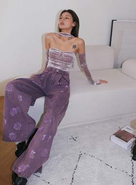 【清货折】LUMING ROOM 丝绒挂脖上⾐玫瑰印花⽜仔裤短外套粗花呢