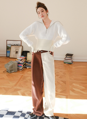 【折】C/meo 2R新款软糯拉链毛衣撞色不对称拼色高腰牛仔裤