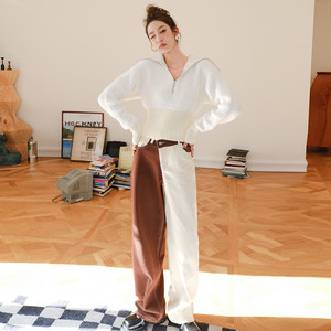 木兰meo软糯不对称拼色牛仔裤