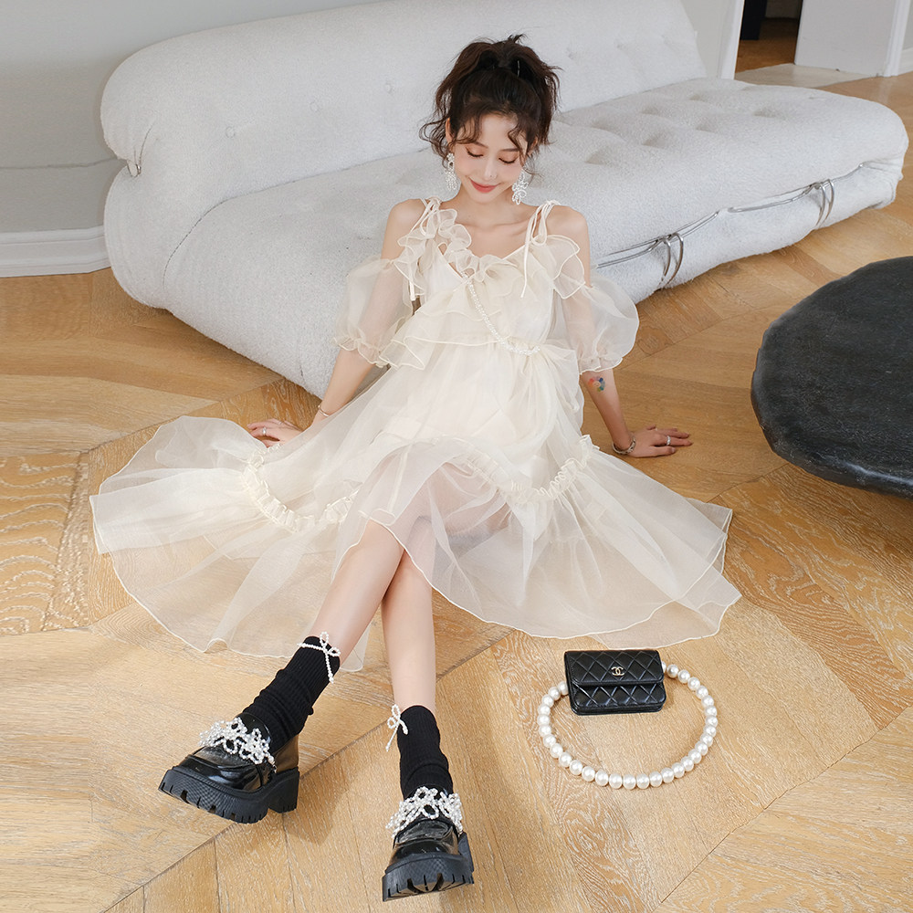 木兰 arte pura 2rss春夏新款奶油纱纱吊带泡泡袖两穿长纱连衣裙