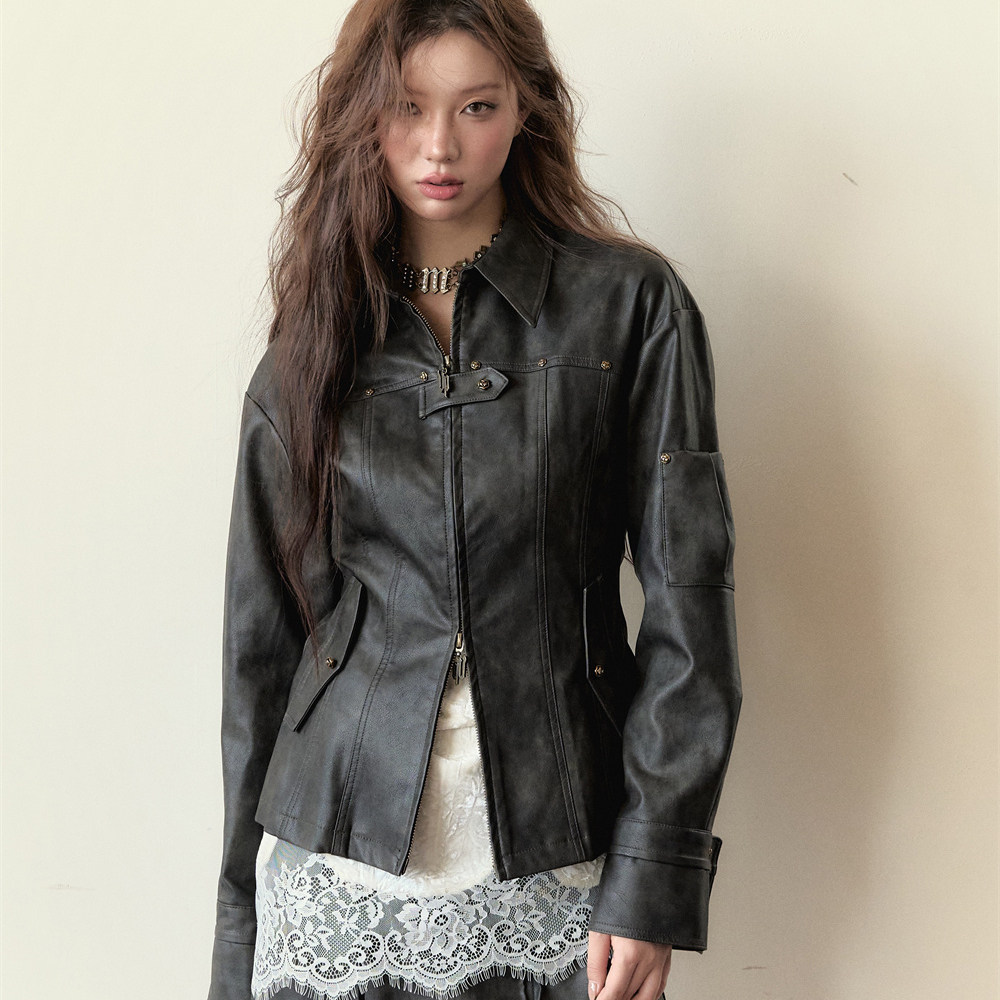 【折】VIAPITTI重磅擦色设计感铆钉街头风pu皮衣修身百搭外套,女装/女士精品,时尚套装,淘宝优惠券,粉丝福利购,淘宝优惠卷