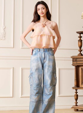 Three Quarters25SS 蓝色烫银工装口袋牛仔裤