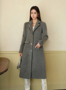 Three Quarters24秋季 韩系爱豆灰色全羊毛重工拱针收腰呢大衣