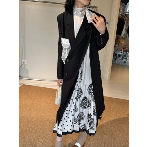 5折 LACERTA 黑色毛呢长款大衣风衣 蕾丝绑带胸衣装饰