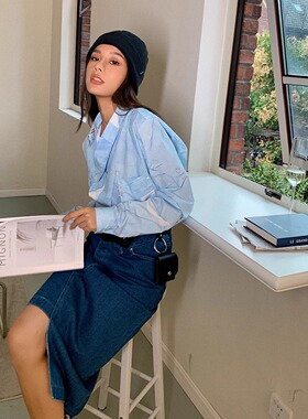 【5折】ANDREA CREWS秋冬错位领系扣衬衫/牛仔半身裙套装