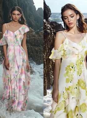 Sleep Over Sleep 25ss  黄色玫瑰彩色气泡不规则荷叶边连衣长裙