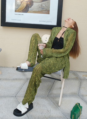 【折】YCH  品牌2RSS春夏新款气质绿色撞色收腰西装外套裤子