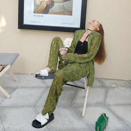 【折】YCH  品牌2RSS春夏新款气质绿色撞色收腰西装外套裤子