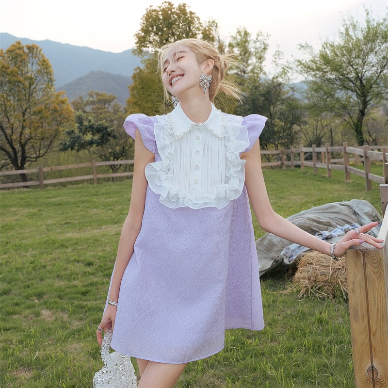 diana vevina 2r新款设计师鸢尾紫珍珠花边无袖连衣裙甜美木兰