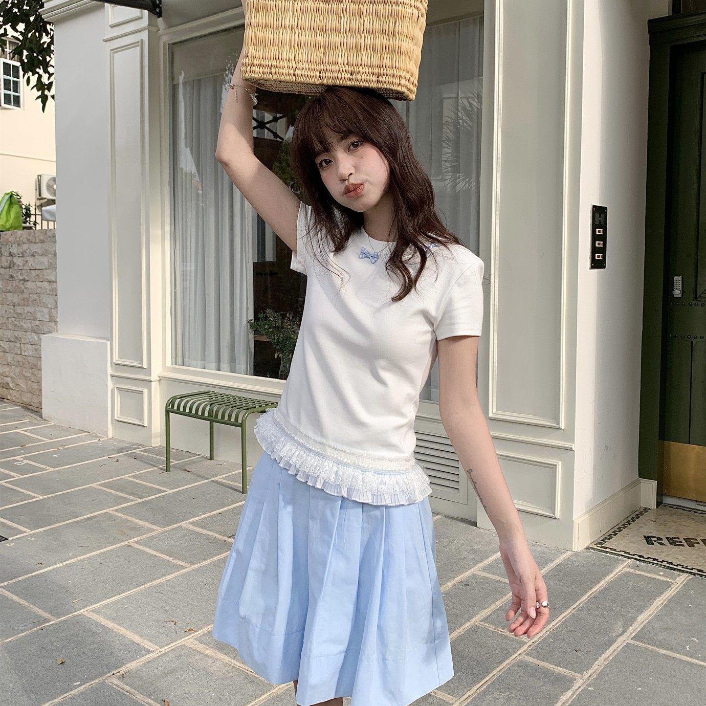 【折】FOR WHY 正肩t恤立体蝴蝶结圆领短袖上衣半裙 中长裙纯色,女装/女士精品,时尚套装,淘宝优惠券,粉丝福利购,淘宝优惠卷