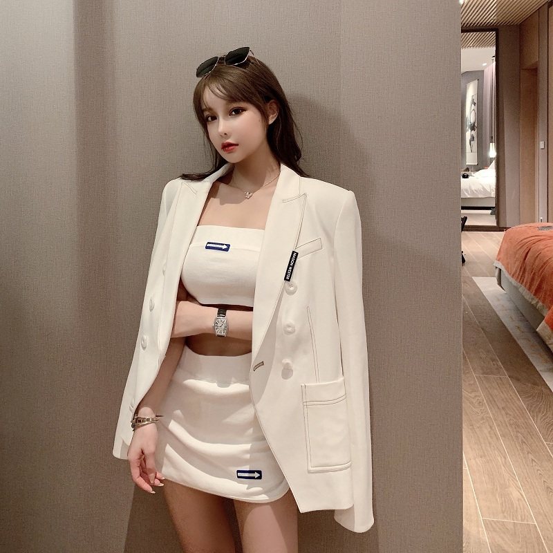 masion wester明星同款白色西装外套女抹胸裙裤三件套2020夏