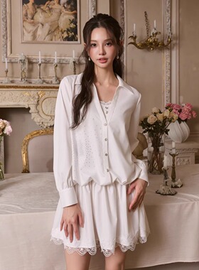 Three Quarters 25AW 白色竹纤维设计感假两件衬衫连衣裙