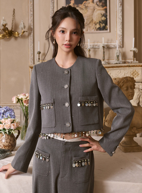 Three Quarters 25AW灰色天丝羊毛手工贝壳小香外套贝壳阔腿裤