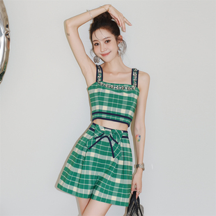 新款 Wester Masion 格纹钻饰吊带抹胸上衣蝴蝶结短裤 折