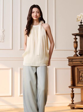 Three Quarters25SS 水光黄蝴蝶结挂脖上衣蓝色阔腿天丝牛仔长裤