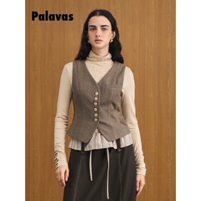 【新品】PALAVAS奥德赛旅人马甲格雷系马甲复古V领无袖背心女原创