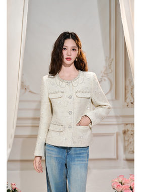 Three Quarters 25AW 白色重工珠片刺绣手缝珍珠小香风短外套