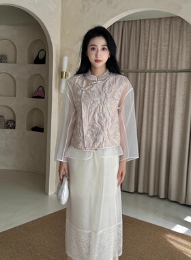 5折 ICE DUST 新中式盘扣马褂 欧根纱白色半透上衣罩衫女