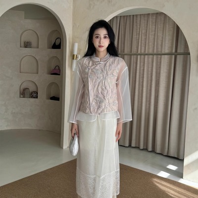 5折 ICE DUST 新中式盘扣马褂 欧根纱白色半透上衣罩衫女