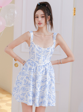 For Love and Lemons  2R春夏小清新蓝色印花鱼骨吊带连衣裙木兰