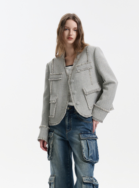 Three Quarters 25SS灰色拉毛拼接短款仿麻感流苏边小香风外套女