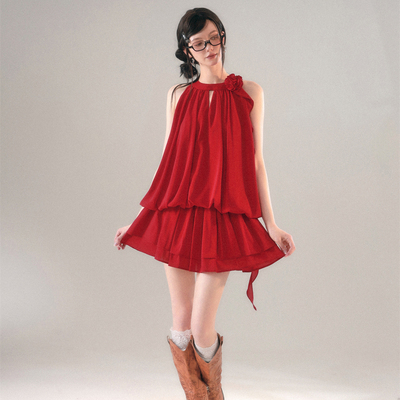 法式雪纺仙气挂脖花朵上衣半裙