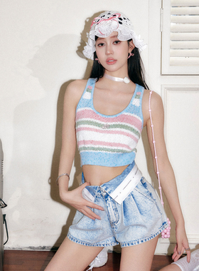 Three Quarters24新款亮丝针织条纹背心雪花水洗牛仔短裤木兰合集