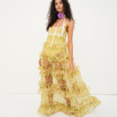 现货For 黄底印花吊带露背蛋糕长裙度假沙滩 Lemons Love and