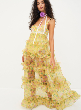 现货For Love and Lemons  黄底印花吊带露背蛋糕长裙度假沙滩