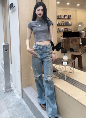 【清货折衣`】Aimme sparrow夏款爱心印花短袖水洗脏脏破洞牛仔裤