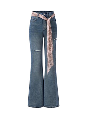 Three Quarters25SS 蓝色粉底棕花腰果花腰带牛仔裤