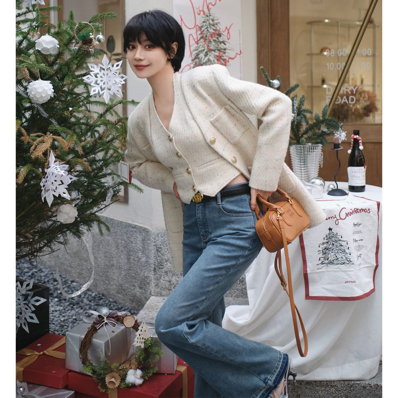 three quarters 24年早春新款彩点羊毛四口袋小香风外套马甲