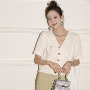 小花珍珠毛毛开衫 MasionWester秋冬新款 钻条绿色阔腿裤 折